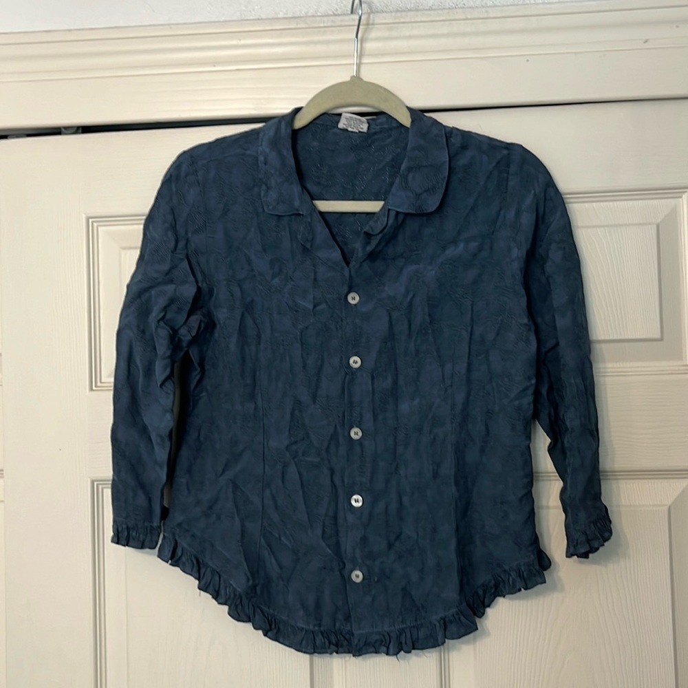 CP Shades Blouse Button-Up Lagenlook Long Sleeve Slate Blue